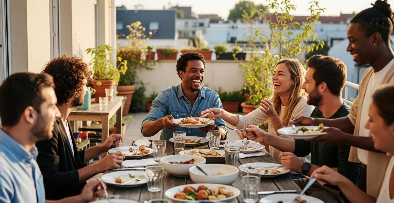 Scène réaliste d’une table d’hôtes conviviale en plein air à Beauséjour avec habitants locaux souriants