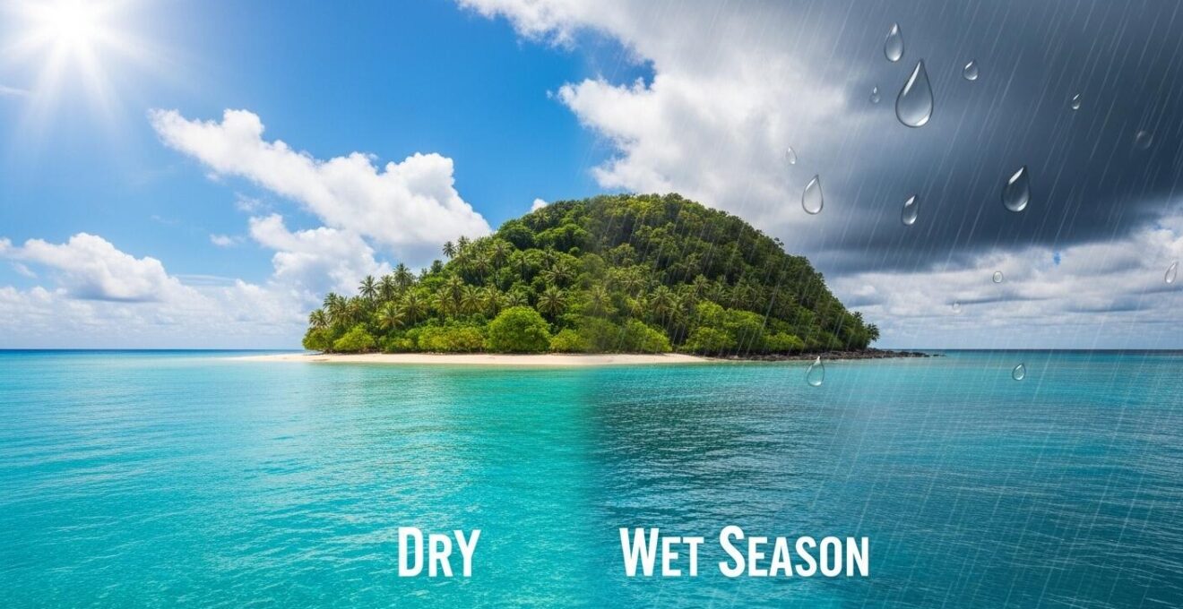 Schéma symbolique représentant les deux saisons principales en Guadeloupe avec soleil et pluie