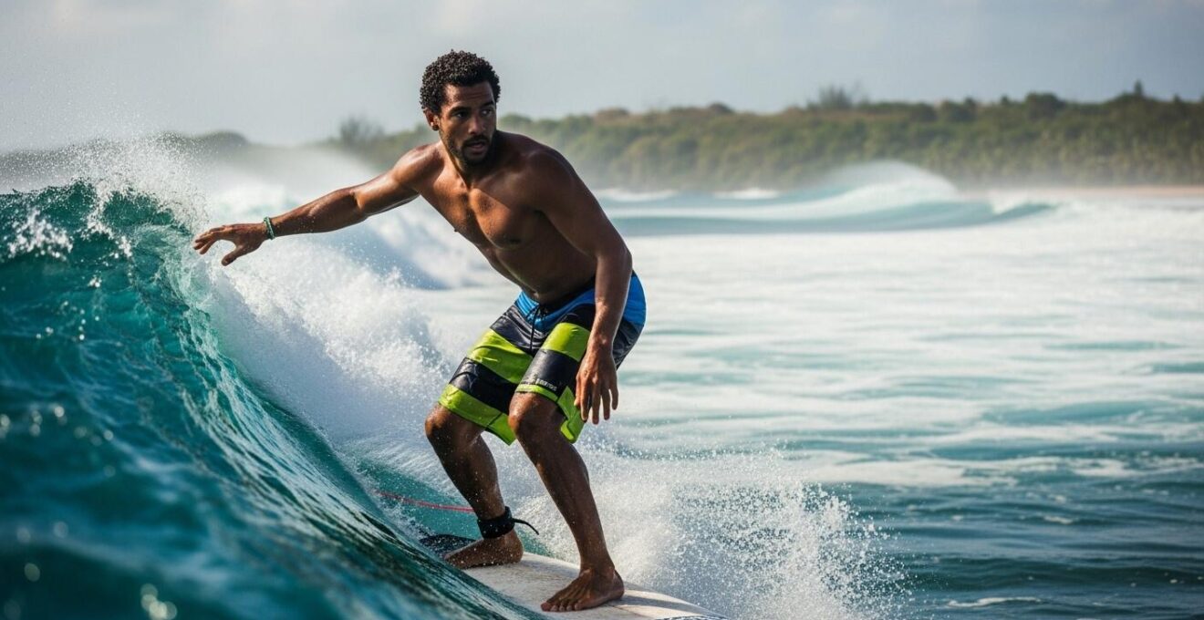 Surfeur en pleine action sur une vague au Moule, Atlantique Guadeloupe