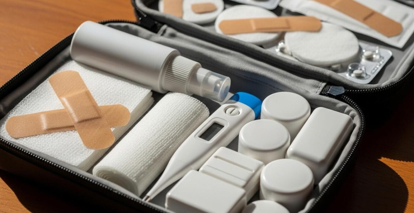 Détail en gros plan d’une trousse de pharmacie pour le voyage.