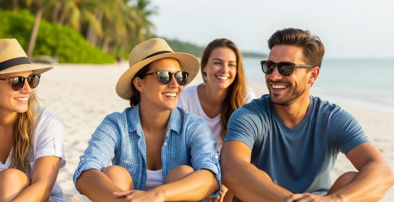 Vacanciers détendus appréciant une plage paradisiaque en Guadeloupe, symbolisant un voyage abordable