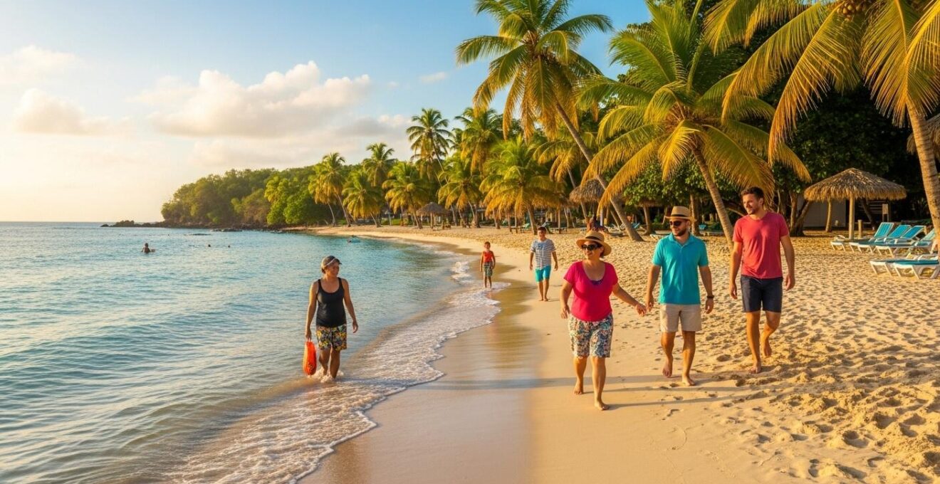 Plage paradisiaque en Guadeloupe avec touristes heureux profitant d'un voyage abordable et agréable
