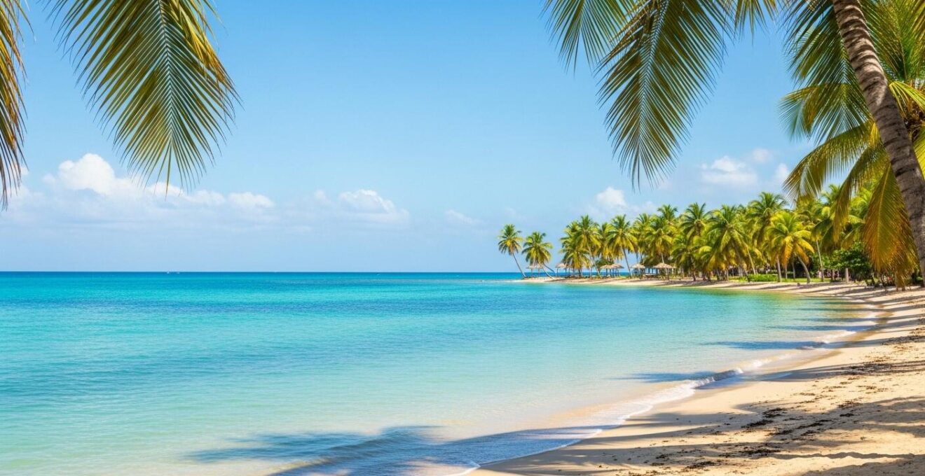 Plage tropicale de Guadeloupe avec un ciel ensoleillé, palmiers et eau turquoise, symbolisant un voyage serein et sain sous les tropiques
