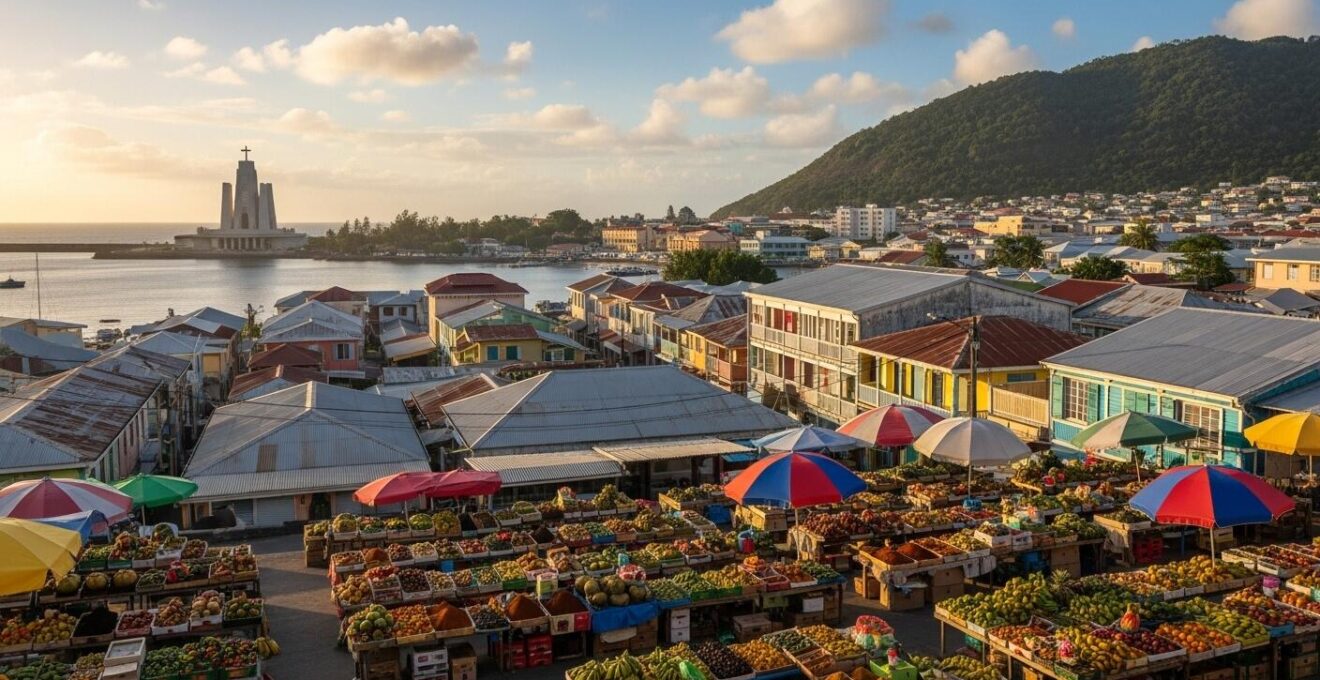 Vue panoramique réaliste du centre-ville coloré et animé de Pointe-à-Pitre avec marché et architecture coloniale