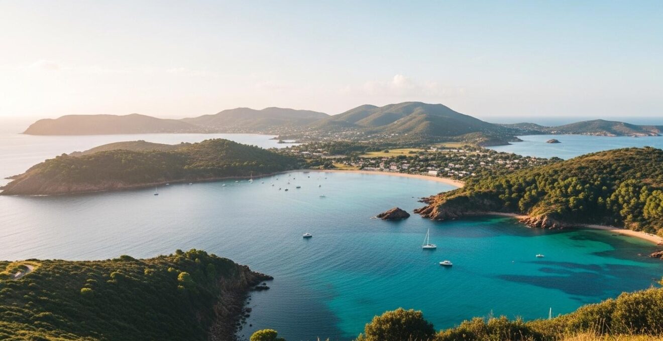 Vue panoramique de la baie des Saintes depuis Terre-de-Haut avec eaux turquoise et collines verdoyantes