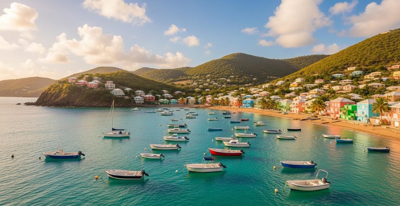 Vue panoramique de la baie de Terre-de-Haut aux Saintes avec ses eaux turquoise, barques colorées et collines verdoyantes.