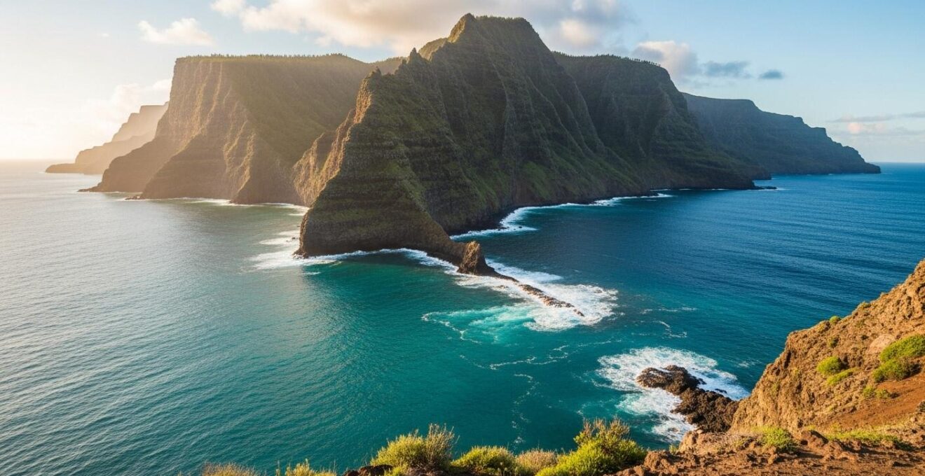 Vue panoramique hyperréaliste de la Pointe des Châteaux à Saint-François avec la mer des Caraïbes et l'océan Atlantique rencontrant l'horizon.