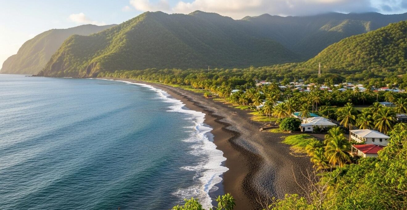 Vue panoramique de Trois-Rivières avec la côte sud de Basse-Terre, plages, montagnes et village tropical