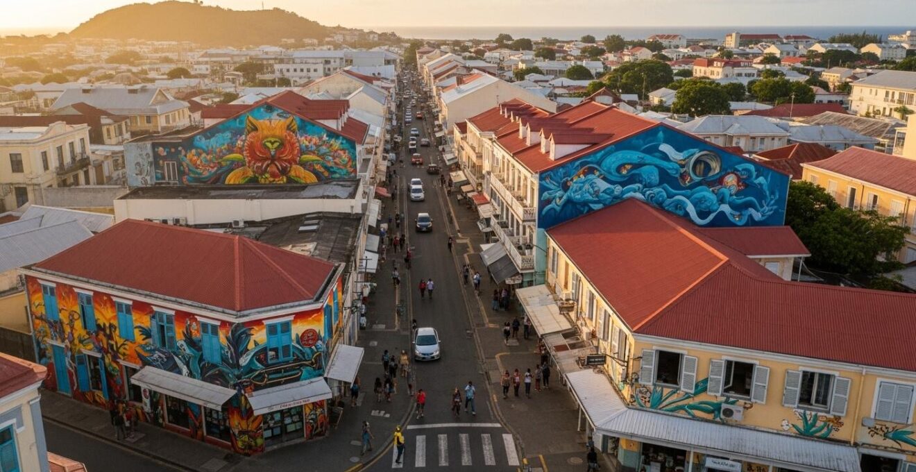 Vue dynamique et colorée du centre-ville de Pointe-à-Pitre avec street art et architecture coloniale, soleil couchant