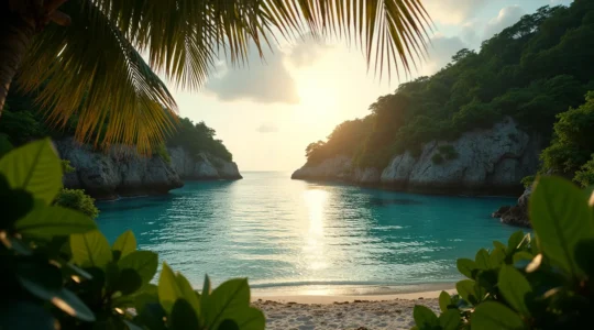 Plage isolée en Guadeloupe avec une crique secrète bordée de végétation tropicale luxuriante
