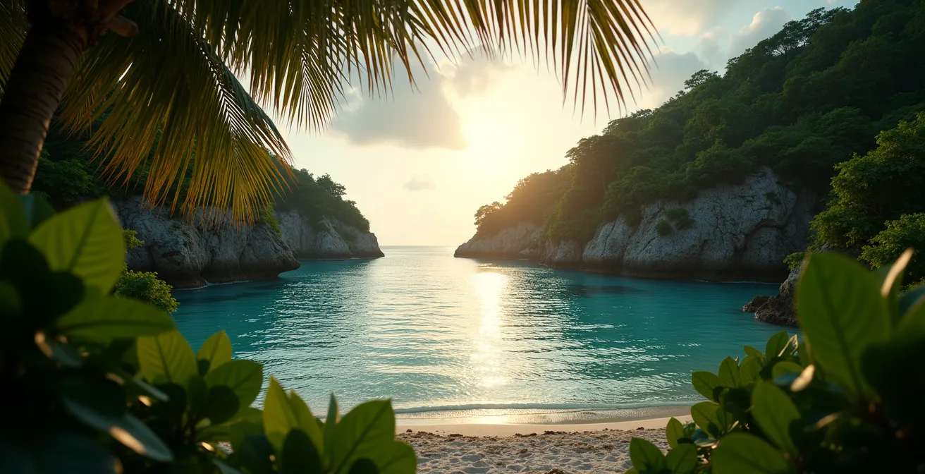 Plage isolée en Guadeloupe avec une crique secrète bordée de végétation tropicale luxuriante