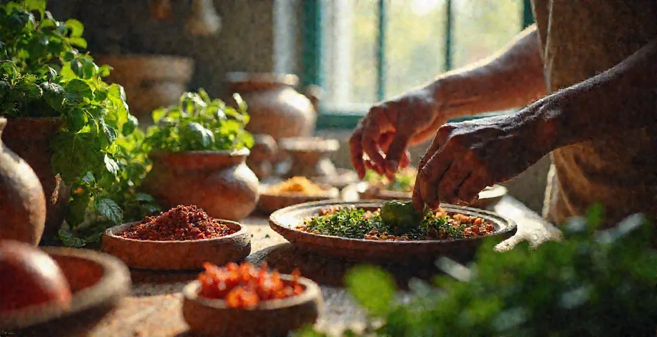 Atelier de cuisine guadeloupéenne avec ingrédients frais d'un jardin créole et colombo en préparation