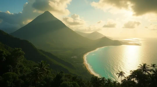 Vue panoramique combinant le volcan actif de la Soufrière et la mer caraïbe turquoise à Basse-Terre