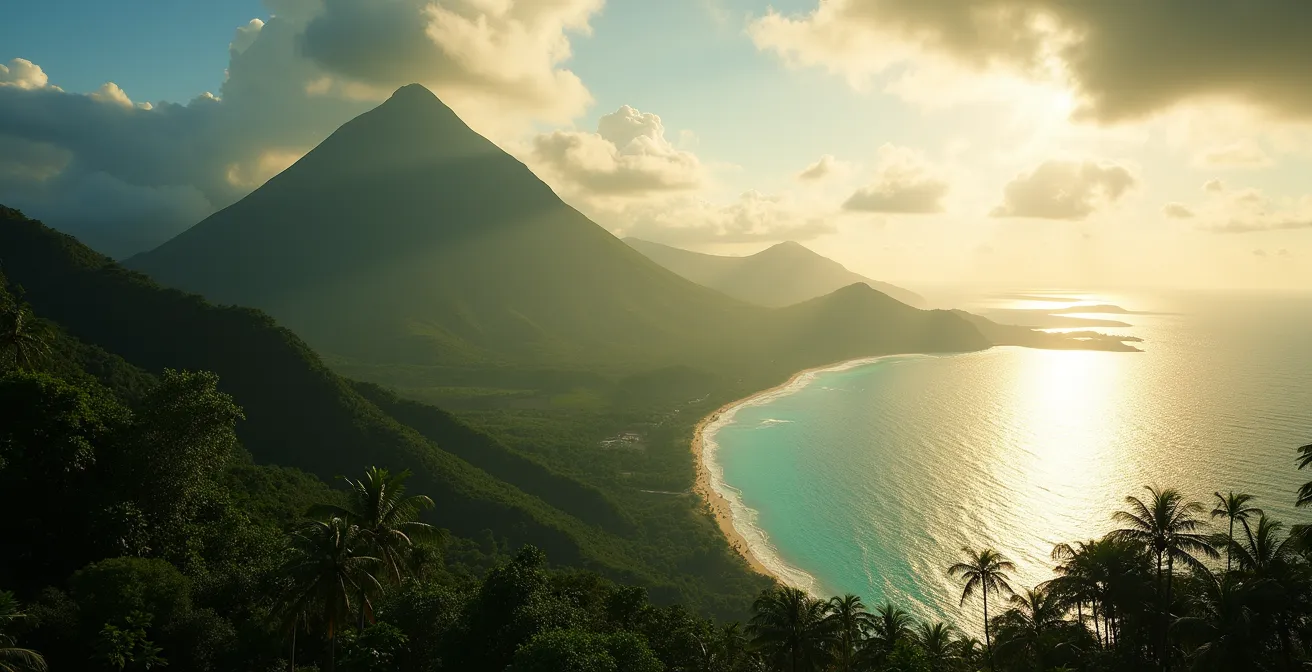 Vue panoramique combinant le volcan actif de la Soufrière et la mer caraïbe turquoise à Basse-Terre