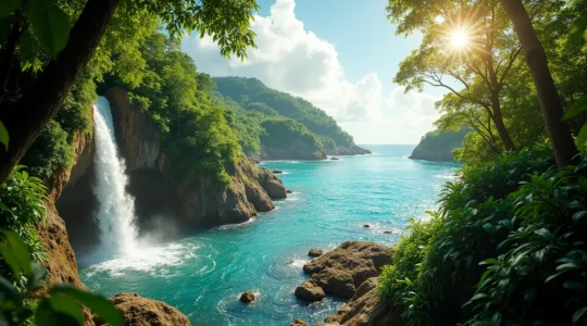 Vue panoramique d'une forêt tropicale dense en Guadeloupe avec une cascade, océans turquoise en arrière-plan, symbolisant la biodiversité caribéenne