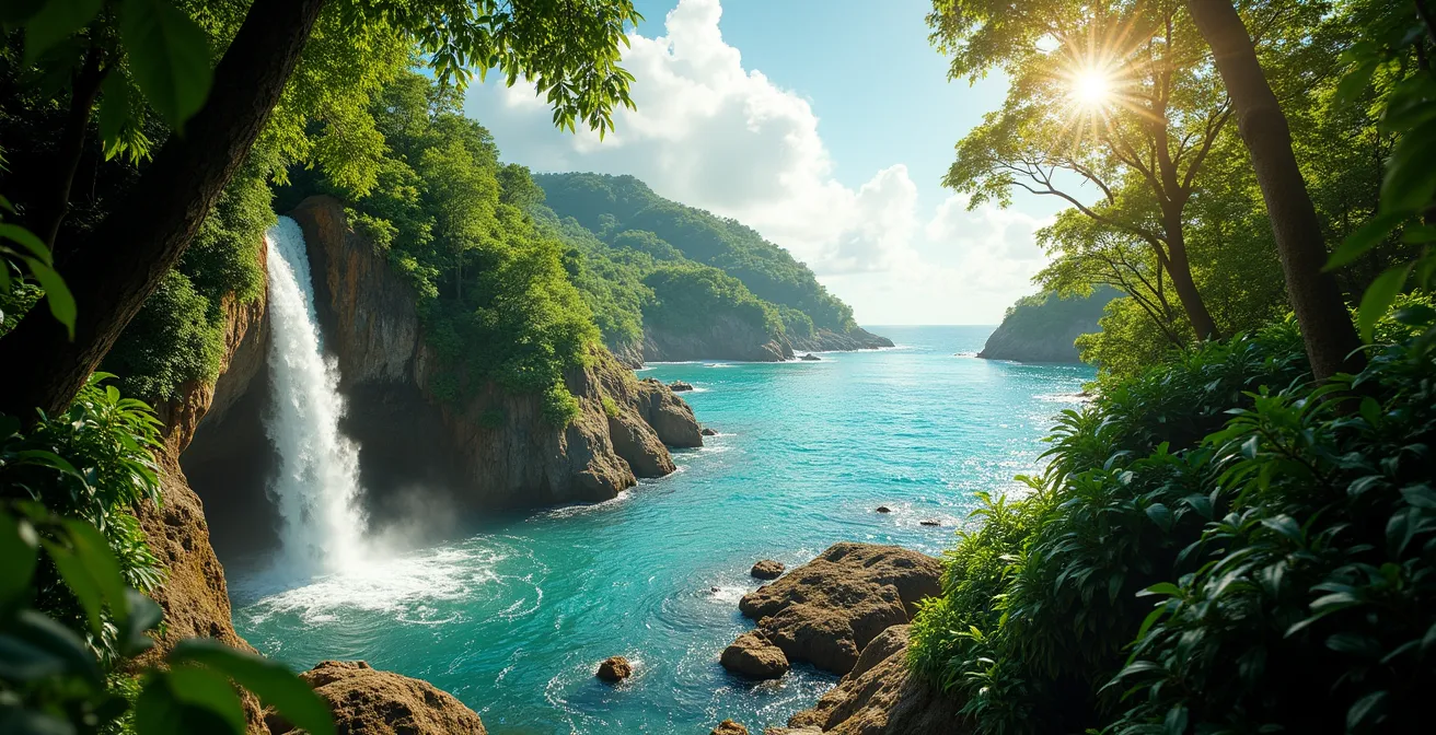 Vue panoramique d'une forêt tropicale dense en Guadeloupe avec une cascade, océans turquoise en arrière-plan, symbolisant la biodiversité caribéenne