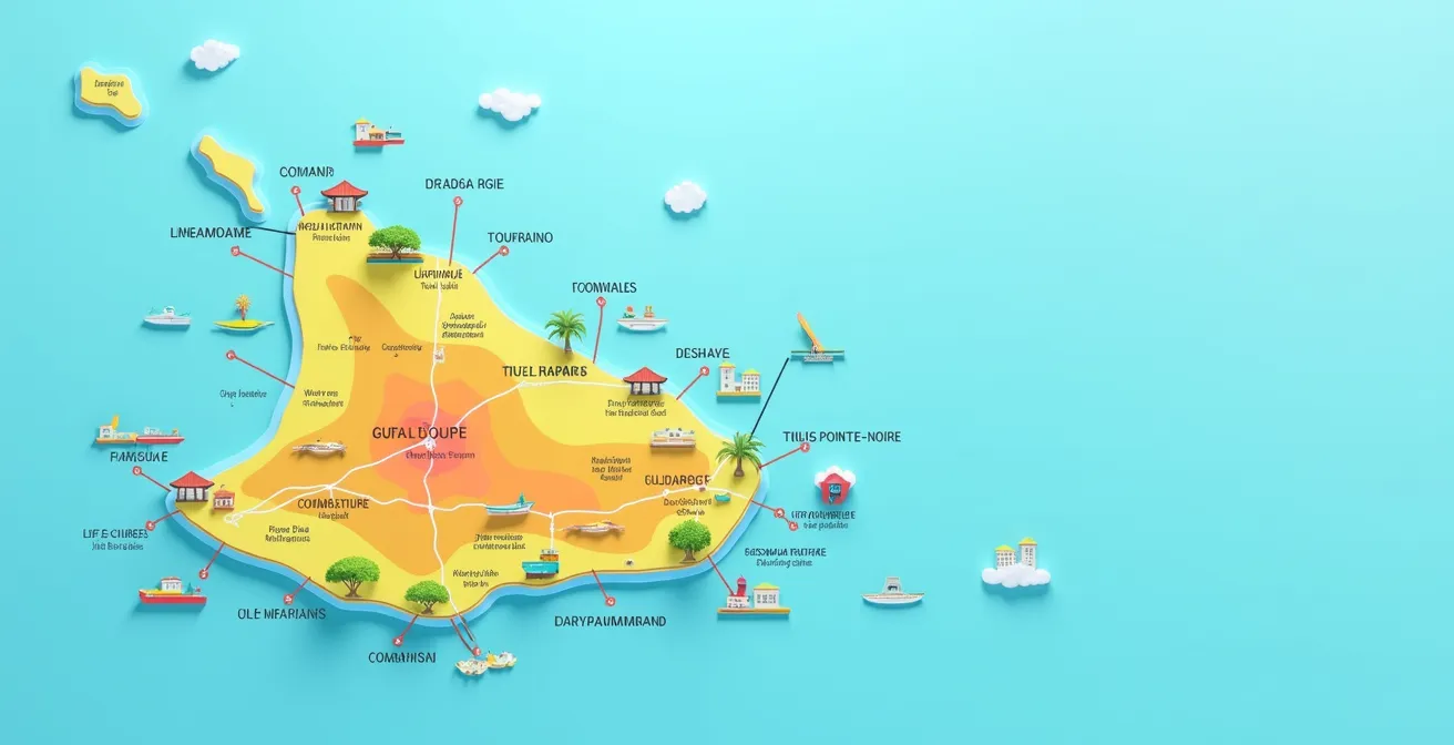Carte stylisée de Guadeloupe montrant les principaux bassins de vie et zones d’hébergement stratégiques