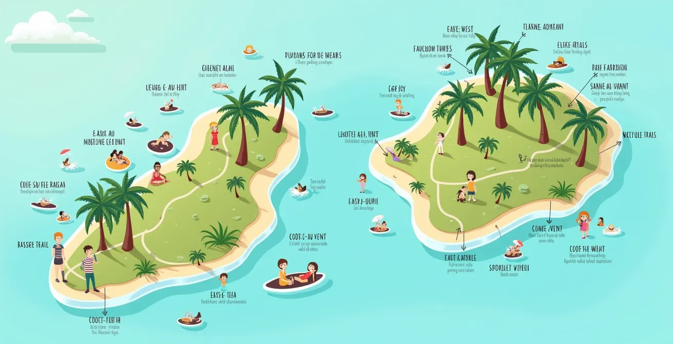 Carte illustrée montrant la Côte-sous-le-Vent et la Côte-au-Vent avec activités associées et profils de voyageurs