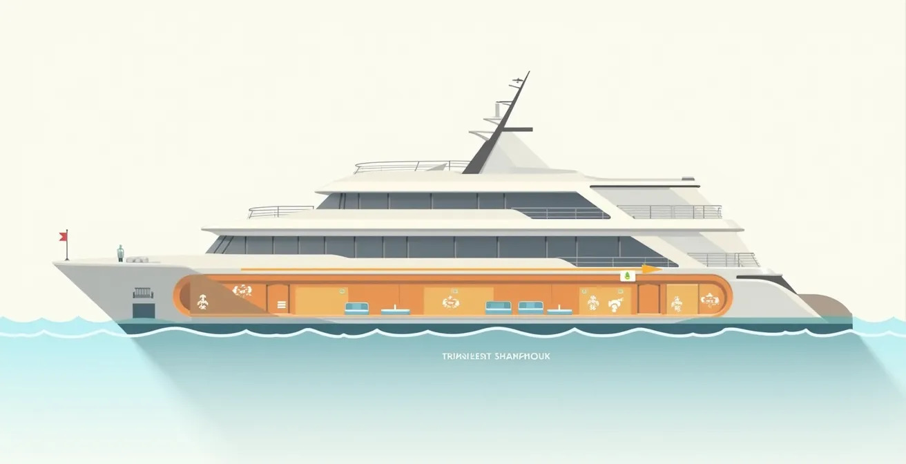 Plan schématique d’un ferry montrant les emplacements recommandés contre le mal de mer, sur une coupe transversale.