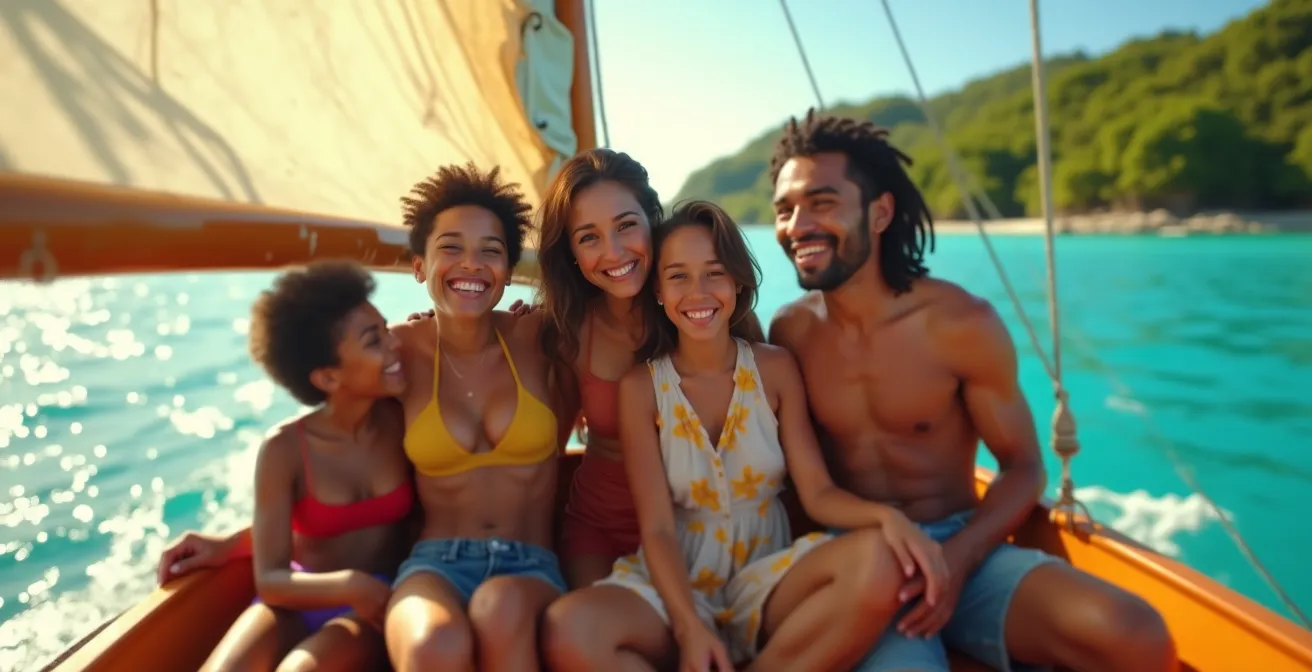 Famille souriante profitant d'une sortie en mer en Guadeloupe sur un voilier traditionnel avec paysage tropical en arrière-plan
