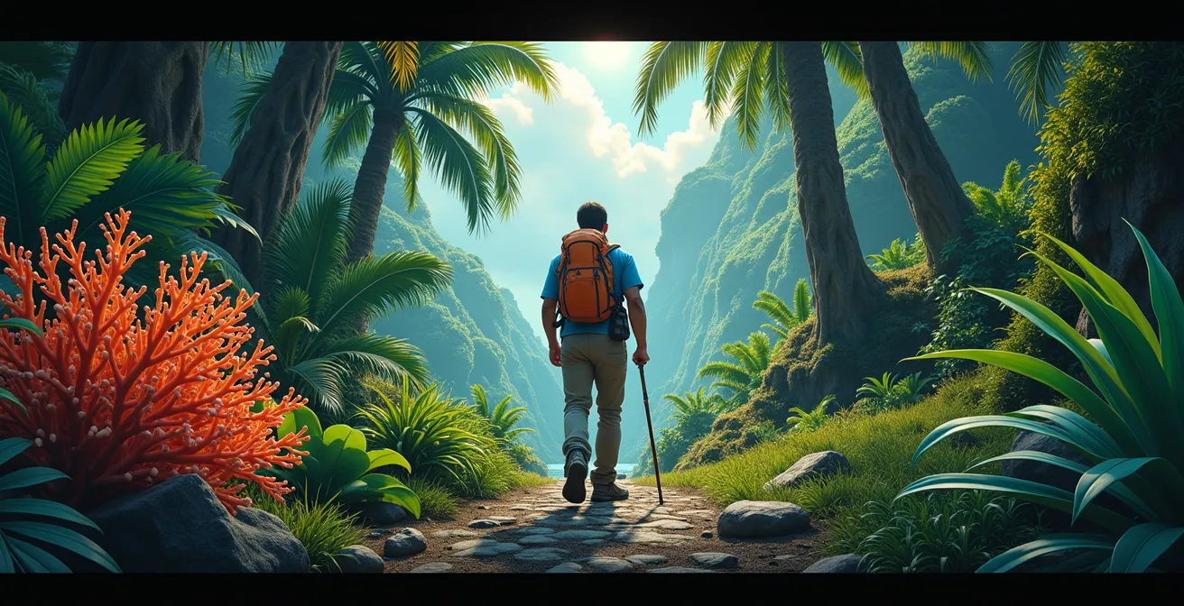 Illustration naturaliste avec faune marine dangereuse et plantes toxiques de Guadeloupe avec panneaux d’alerte