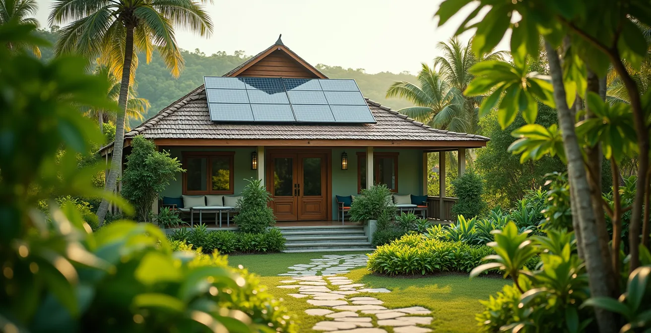 Écolodge authentique en Guadeloupe entouré de végétation luxuriante avec panneaux solaires et potager bio