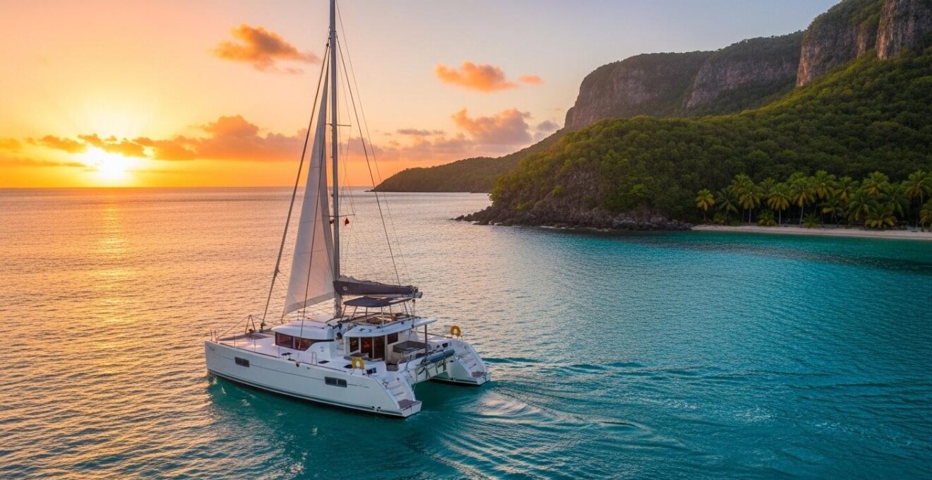 Vue panoramique d'un catamaran naviguant sur une mer turquoise en Guadeloupe, avec un ciel lumineux au coucher du soleil