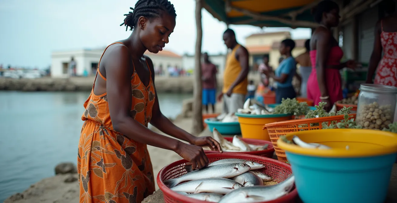 Une femme antillaise au port trieuse de poissons, supervise la vente des prises et répare des filets à l’ombre de la halle