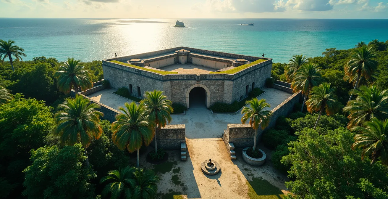 Vue panoramique aérienne du Fort Napoléon avec son jardin botanique luxuriant aux Saintes