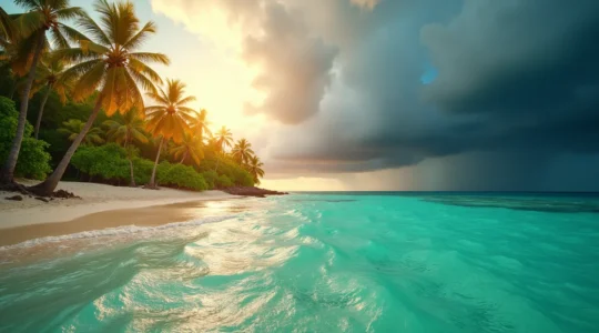 Vue panoramique d'une plage tropicale de Guadeloupe avec ciel changeant montrant soleil et nuages de pluie, évoquant la météo tropicale