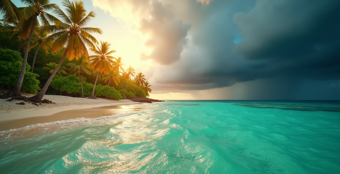 Vue panoramique d'une plage tropicale de Guadeloupe avec ciel changeant montrant soleil et nuages de pluie, évoquant la météo tropicale