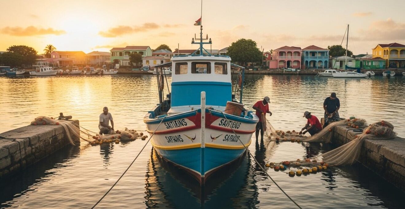 Une saintoise colorée navigue au coucher du soleil dans un port traditionnel de Guadeloupe, entourée de pêcheurs et de filets, symbole vivant de la culture maritime créole.