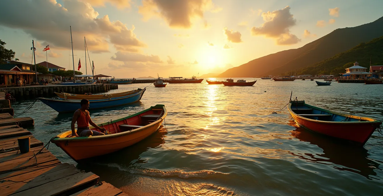 Vue panoramique du port de Saintes en Guadeloupe avec barques traditionnelles et pêcheurs créoles au coucher du soleil.