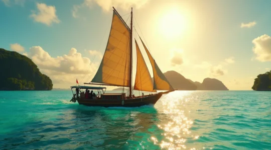 Vue immersive d'un voilier traditionnel naviguant sur une mer turquoise en Guadeloupe avec un paysage insulaire luxuriant en arrière-plan