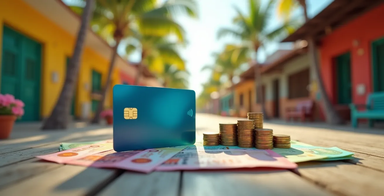 Illustration comparative d'une carte bancaire et billets en espèces dans le contexte guadeloupéen