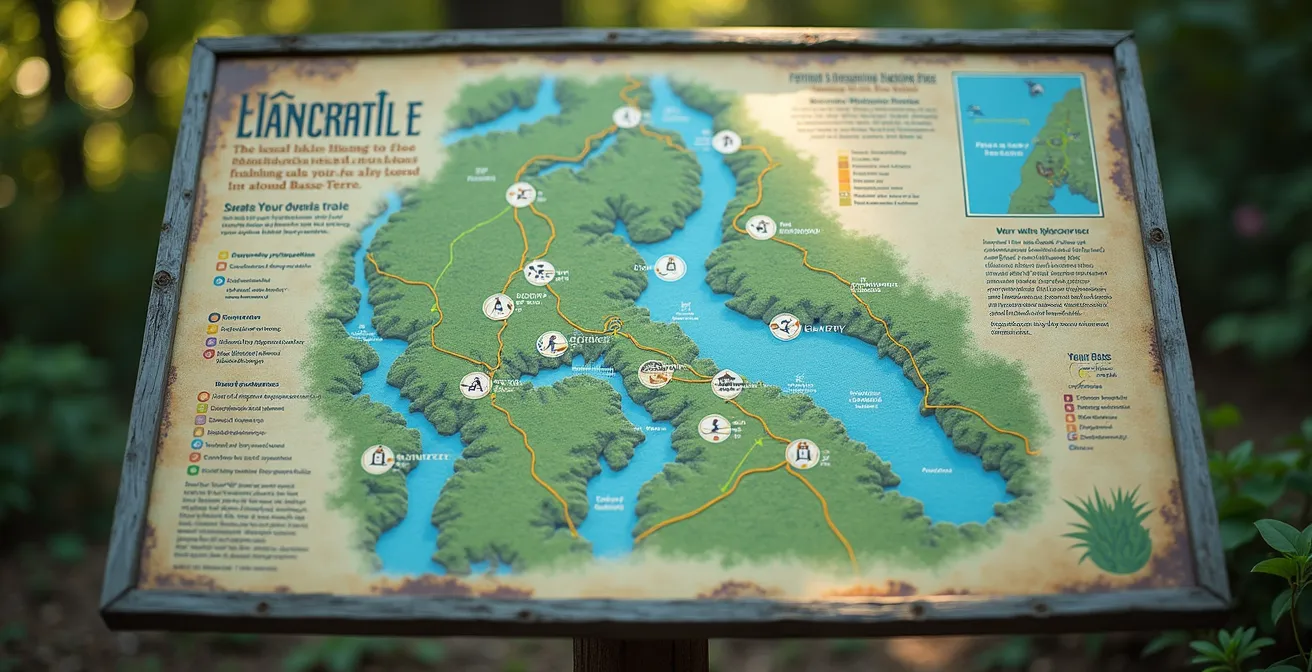Illustration visuelle symbolique montrant différents niveaux de difficulté et dangers des sentiers menant aux cascades de Basse-Terre