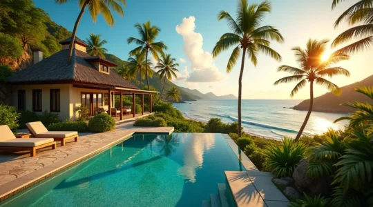 Paysage tropical avec une villa, un bungalow et un gîte typique de Guadeloupe entourés de végétation luxuriante et plage au loin