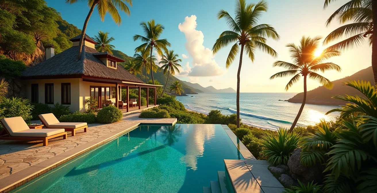 Paysage tropical avec une villa, un bungalow et un gîte typique de Guadeloupe entourés de végétation luxuriante et plage au loin