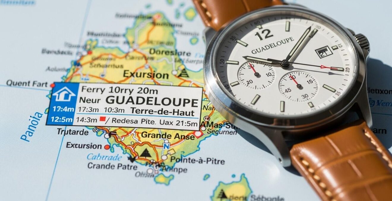 Montre et carte d’itinéraire avec horaires des navettes et excursion sur une île de Guadeloupe
