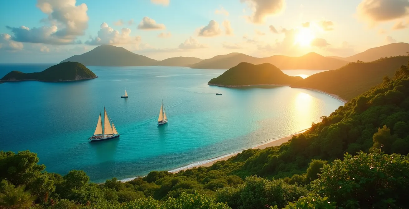 Vue panoramique de l'archipel des Saintes avec mer turquoise, voiliers traditionnels et collines verdoyantes