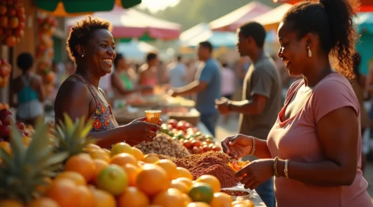 Paysage vibrant montrant un marché coloré guadeloupéen avec des habitants en pleine interaction, illustrant la vie locale authentique.