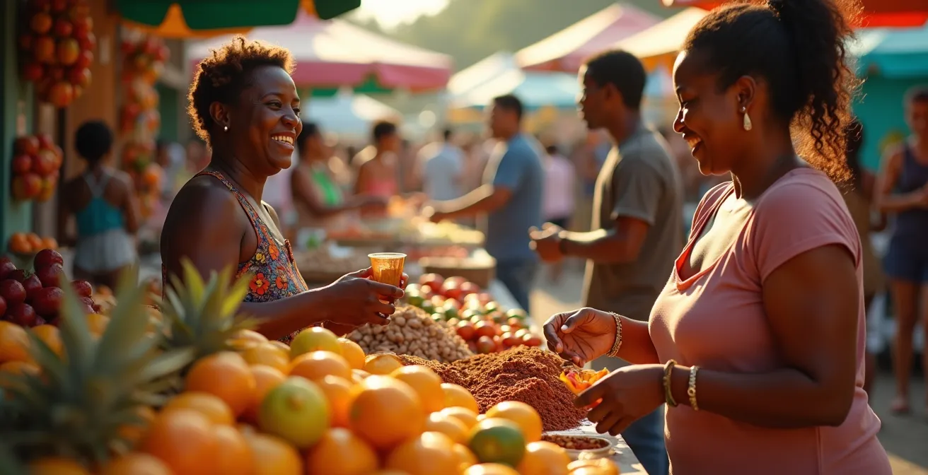 Paysage vibrant montrant un marché coloré guadeloupéen avec des habitants en pleine interaction, illustrant la vie locale authentique.
