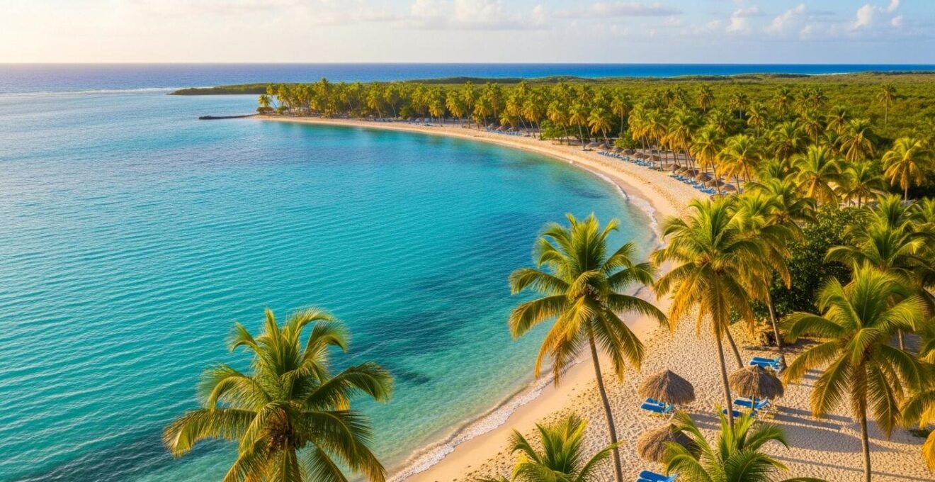 Vue panoramique du lagon bleu de la Côte Caraïbes en Guadeloupe avec une plage de sable blanc et des eaux turquoise sous un ciel ensoleillé