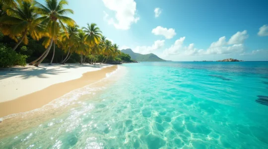 Vue panoramique du lagon bleu turquoise avec des plages de sable fin, palmiers et eaux claires de la côte Caraïbes en Guadeloupe.
