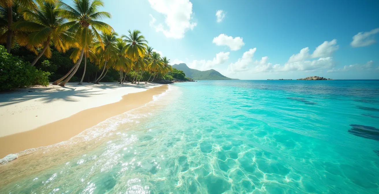 Vue panoramique du lagon bleu turquoise avec des plages de sable fin, palmiers et eaux claires de la côte Caraïbes en Guadeloupe.