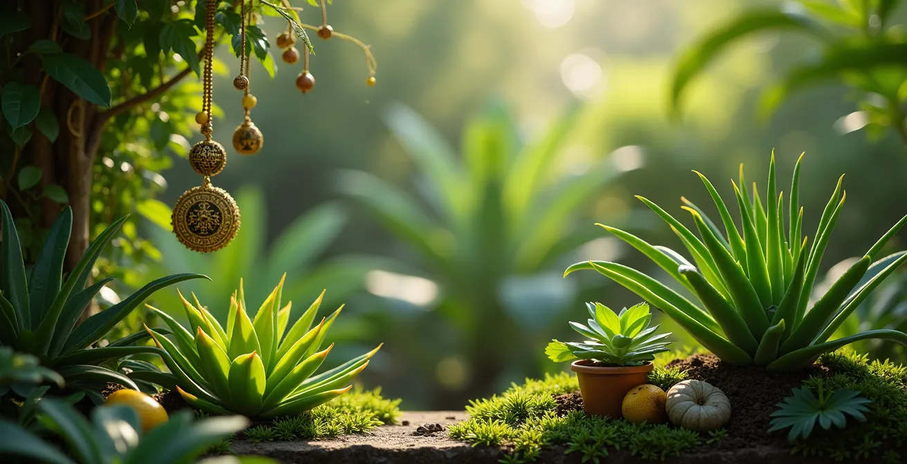 Jardin créole avec différentes strates de végétation et plantes médicinales, intégrant un aspect spirituel.