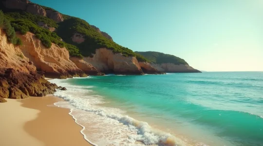Vue panoramique d'une plage sauvage avec eau turquoise et falaises rocheuses à La Désirade en Guadeloupe