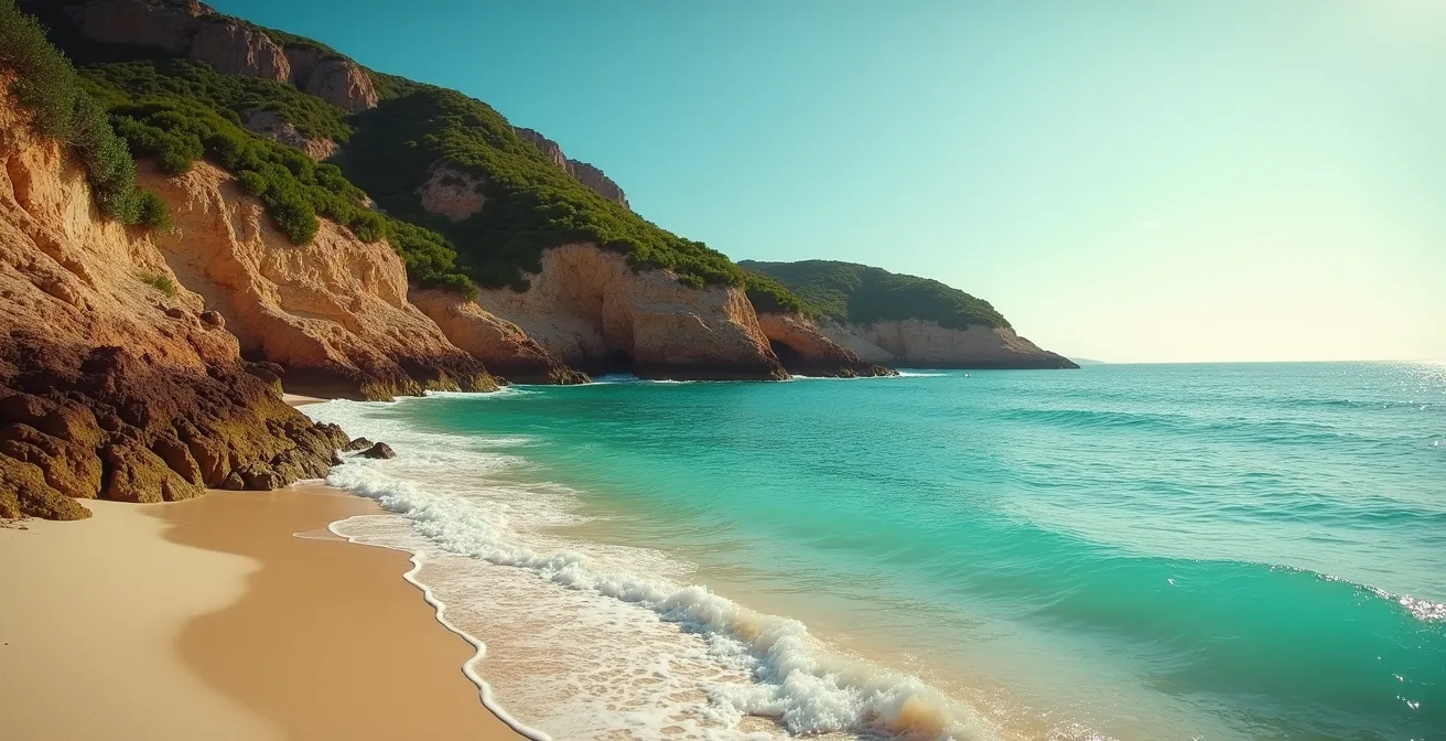 Vue panoramique d'une plage sauvage avec eau turquoise et falaises rocheuses à La Désirade en Guadeloupe