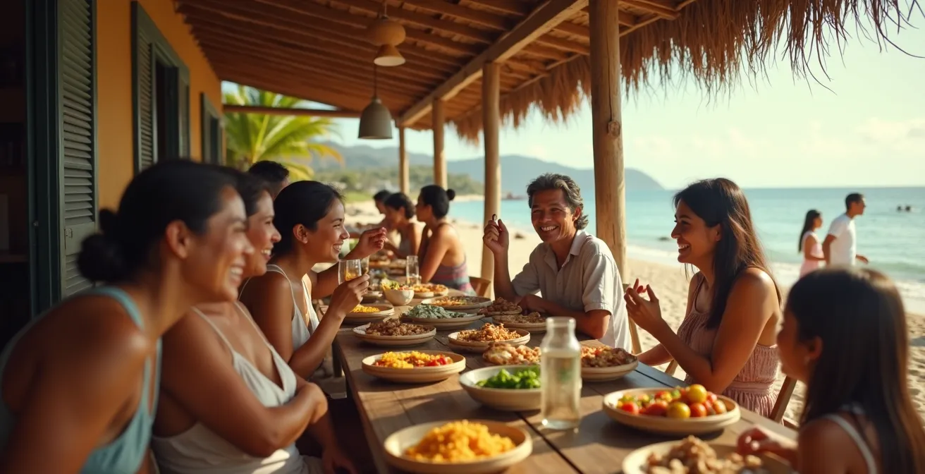 Scène animée d'un 'lolo' guadeloupéen avec des habitants en train de discuter et un pique-nique sur une plage locale.
