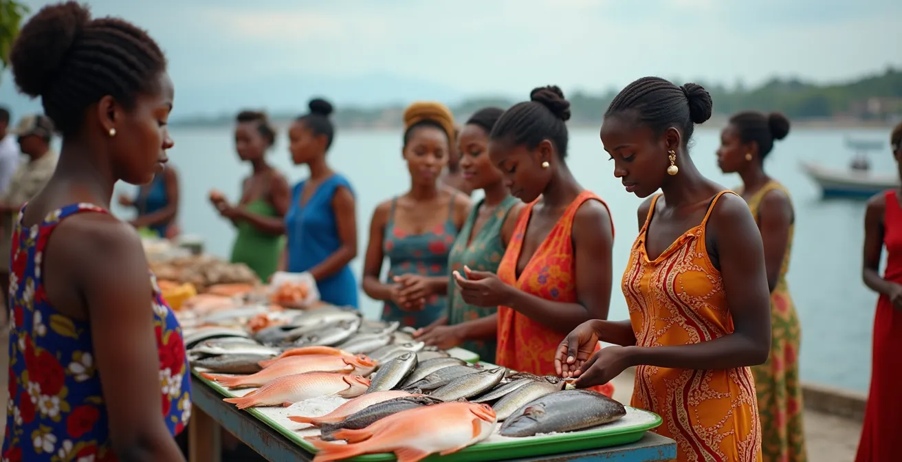 Scène du marché aux poissons sur un quai guadeloupéen avec marchandes créoles et poissons locaux exposés.